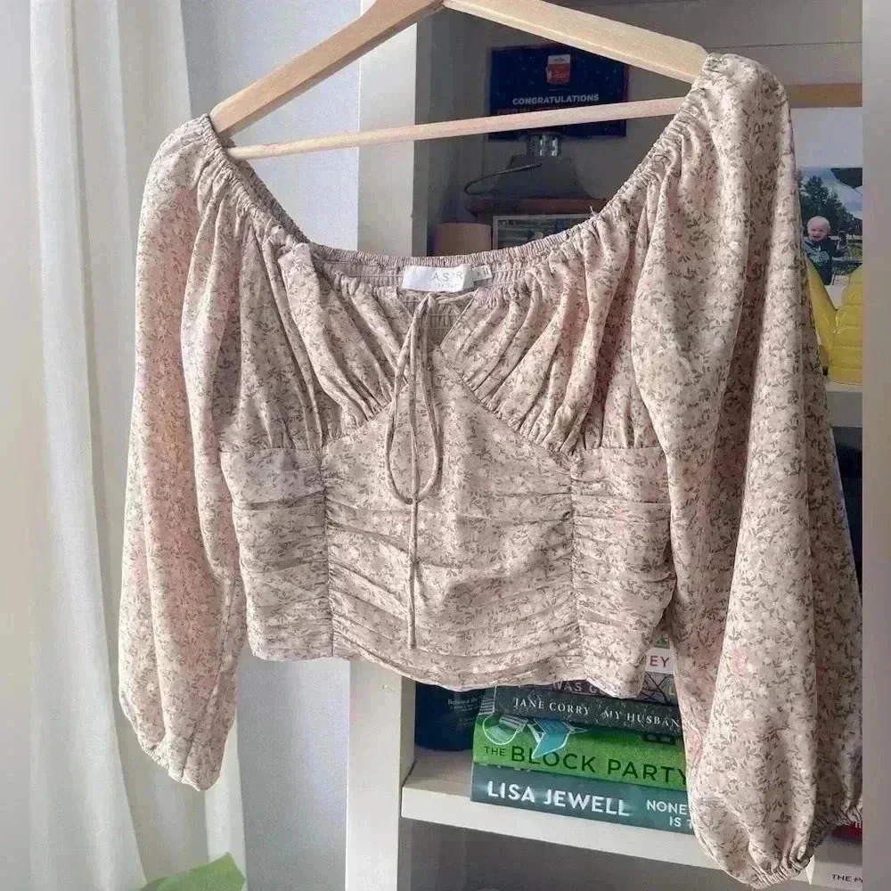ASTR ruched milkmaid pink floral print top from Revolve